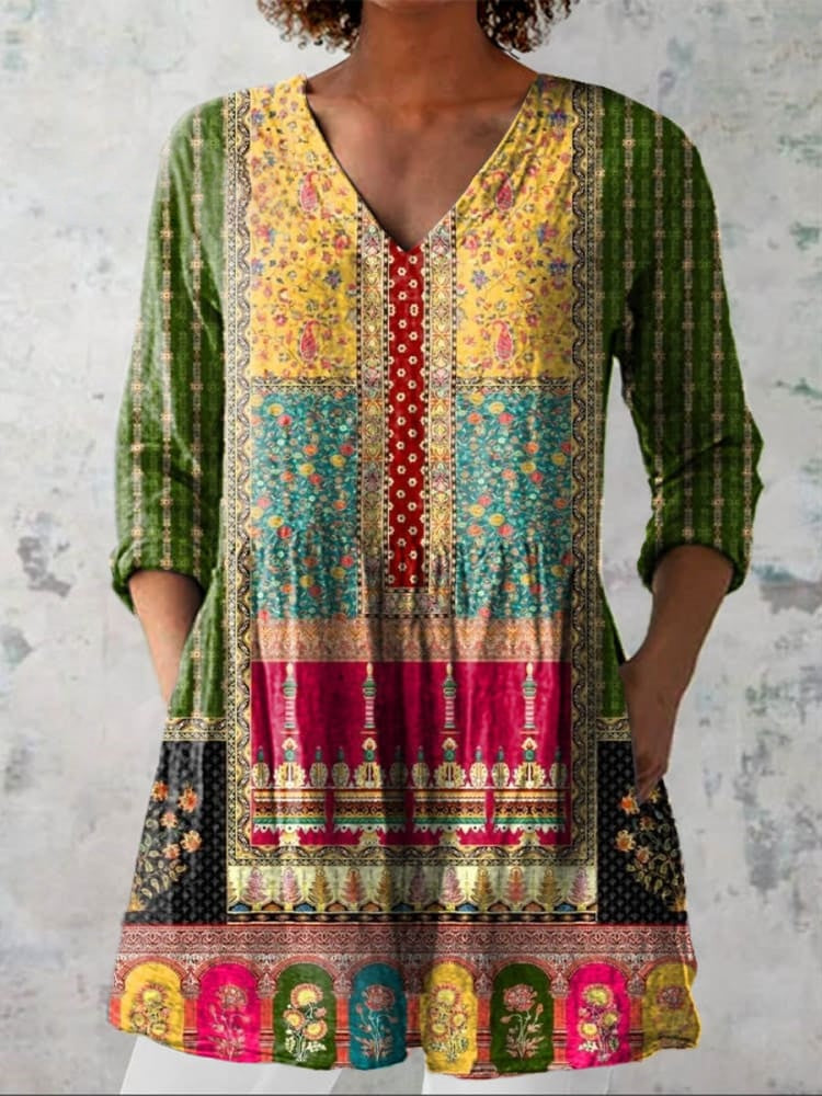 Chemise en Lin à Col V Vintage Ethnique Floral pour Femmes
