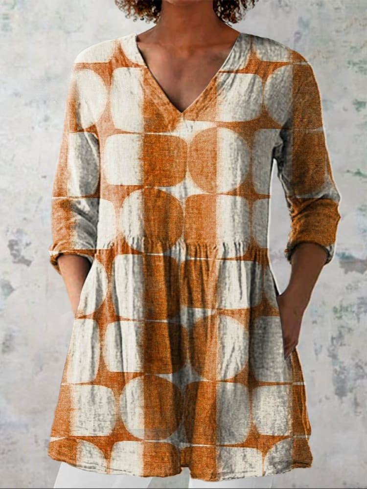 T-shirt décontracté en coton et lin avec imprimé géométrique pour femmes