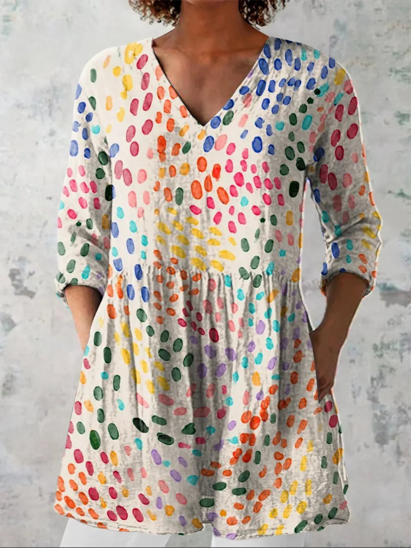 Chemise V-Neck en Lin Casual pour Femmes avec Motif Pois Aquarelle Imprimé