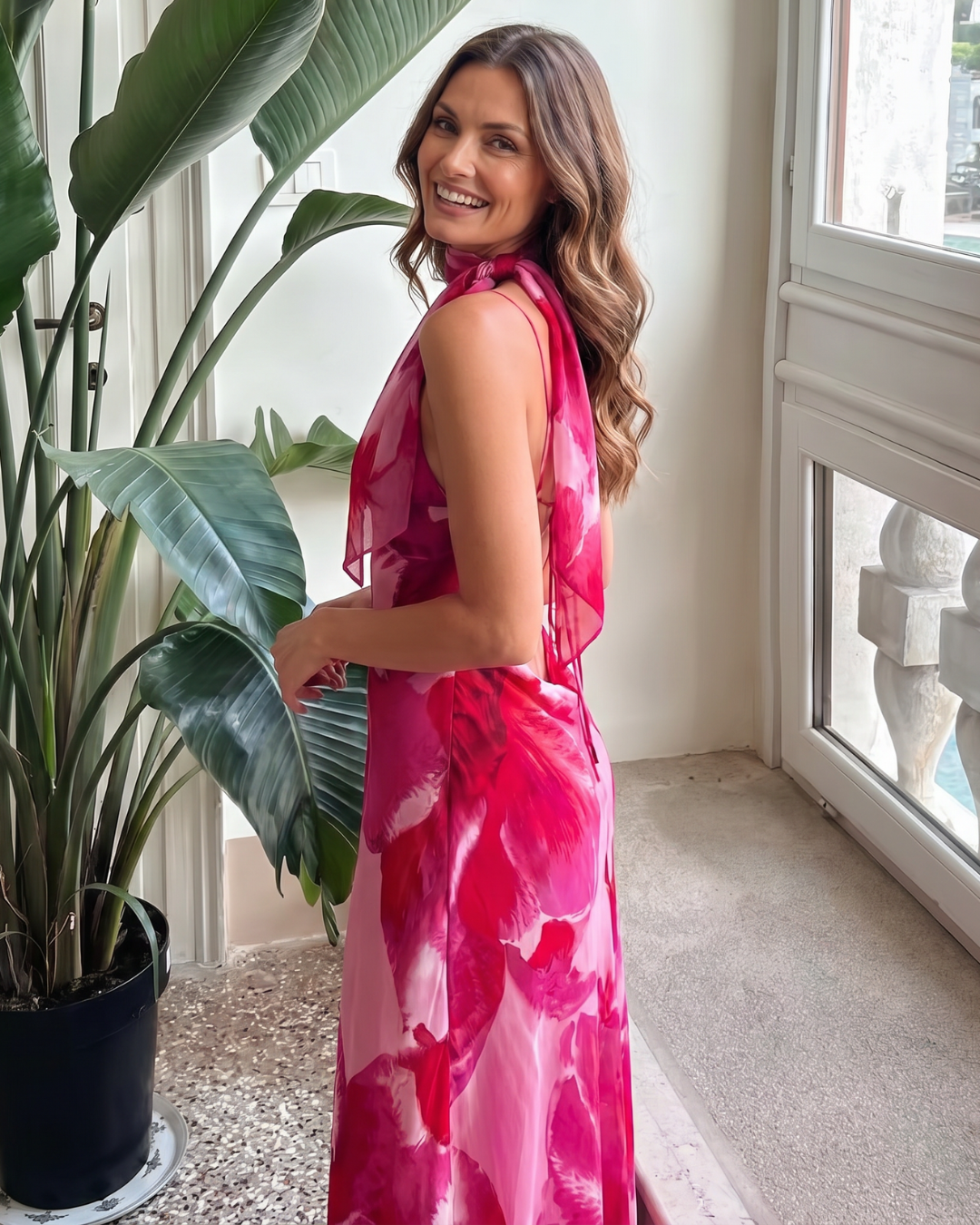 Najem | Robe Midi Sans Manches Imprimée Aquarelle Décolleté Profond