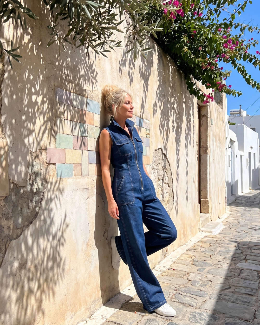 Samantha | Combinaison en denim sans manches à fermeture éclair devant