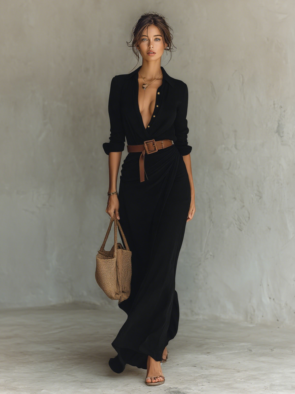 Robe maxi à col revers manches longues