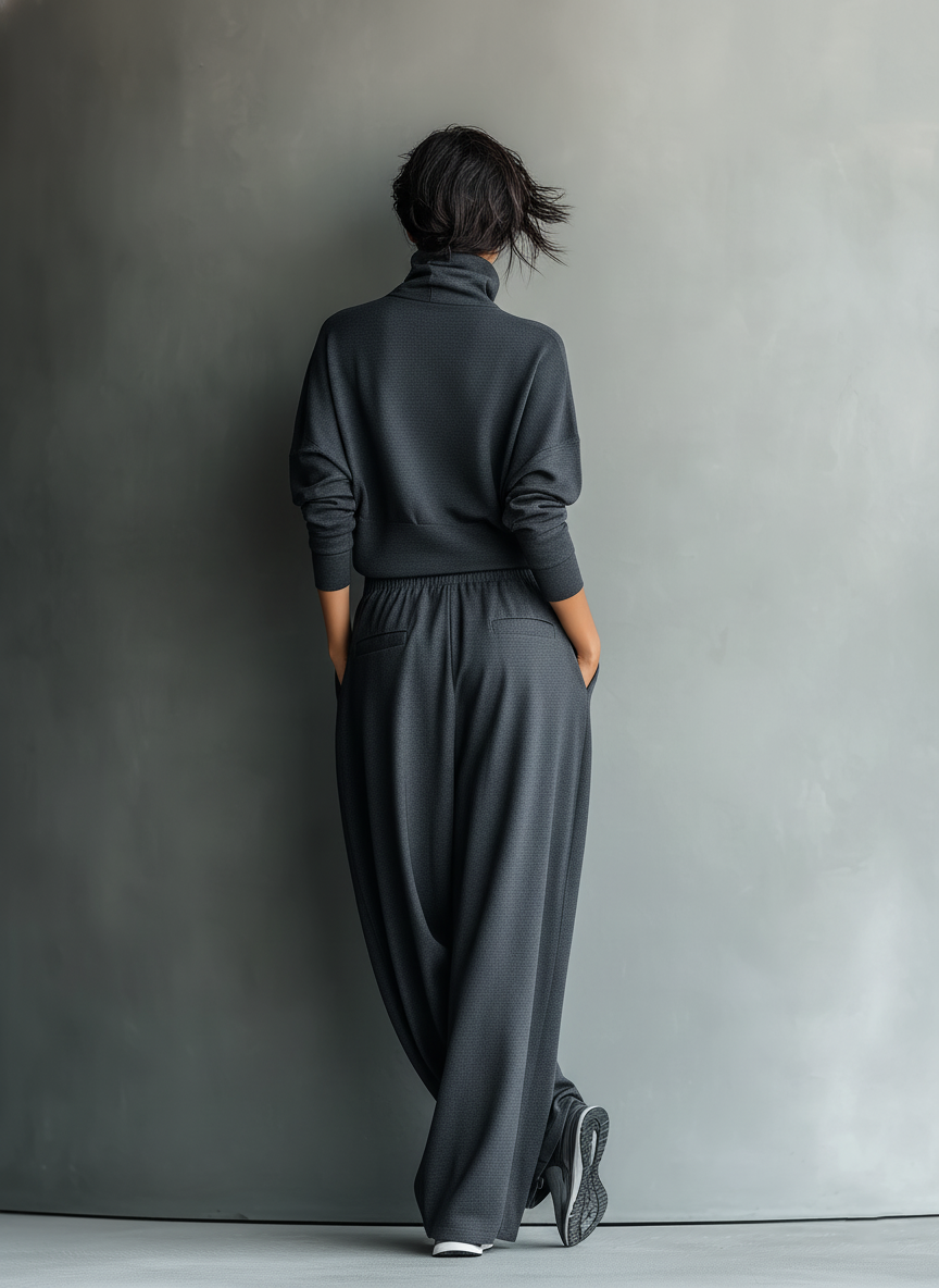 Ensemble Tricot Charbon pour Femmes avec Col Montant et Pantalons Amples
