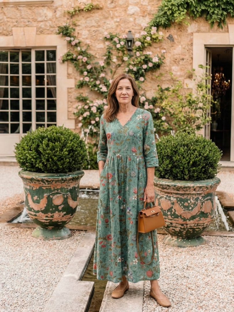 Marina | Robe Maxi à Manches Trois Quarts et Col V Floral