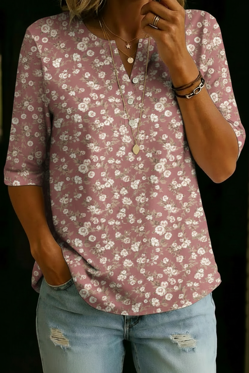 Top en coton à manches demi-longues avec imprimé floral rose poussiéreux pour femmes