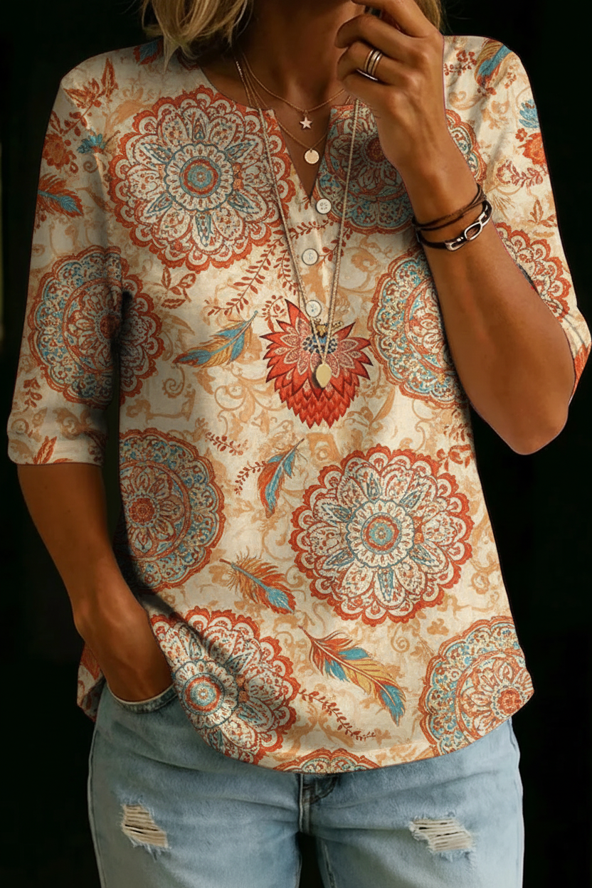 Haut Henley en Mélange de Coton Imprimé Médaillon Boho Beige pour Femmes