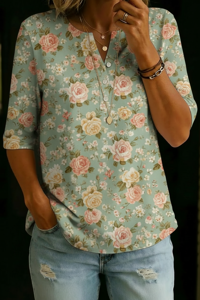Haut Henley en Mélange de Coton à Imprimé Floral Sage Rose pour Femmes