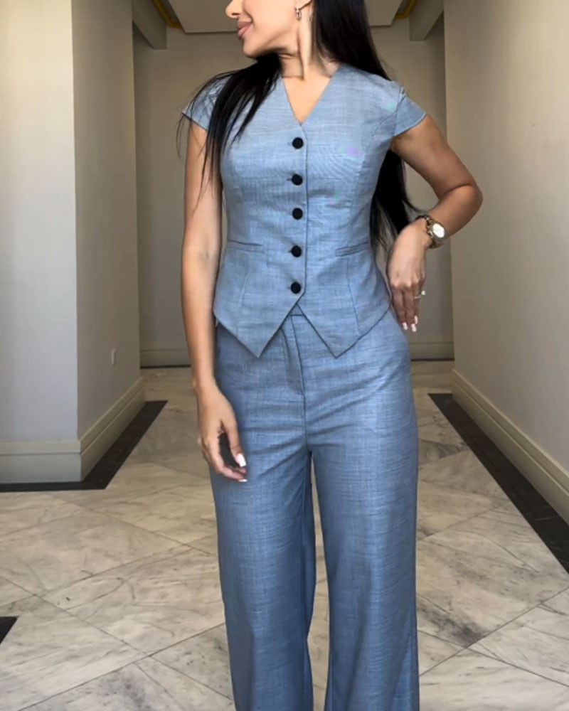 Elle | V-Neck Blouse & Pants Set