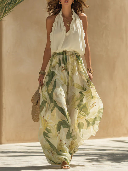 Alessandra - Haut sans manches en chiffon avec volants et pantalon imprimé lys