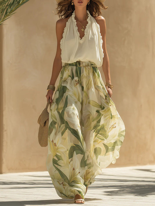 Alessandra - Haut sans manches en chiffon avec volants et pantalon imprimé lys