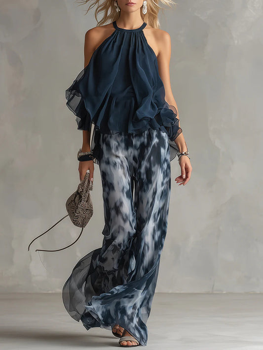 Ensemble Haut à Col Halter et Pantalons Amples Imprimés