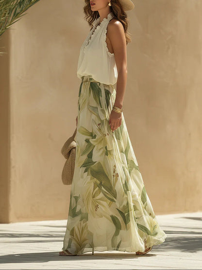 Alessandra - Haut sans manches en chiffon avec volants et pantalon imprimé lys