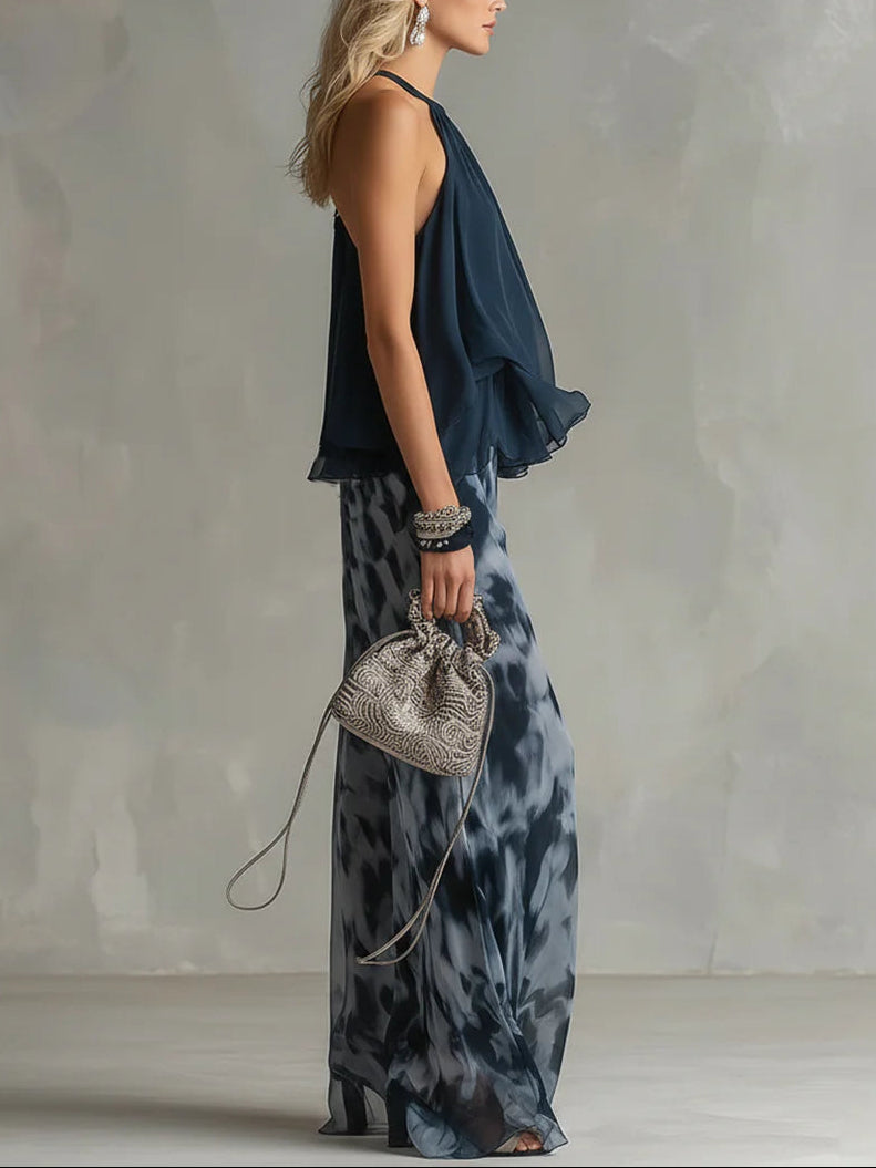 Ensemble Haut à Col Halter et Pantalons Amples Imprimés
