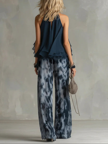 Ensemble Haut à Col Halter et Pantalons Amples Imprimés