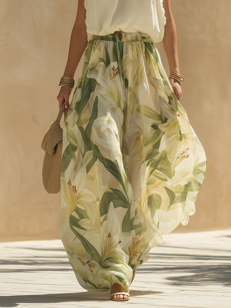 Alessandra - Haut sans manches en chiffon avec volants et pantalon imprimé lys