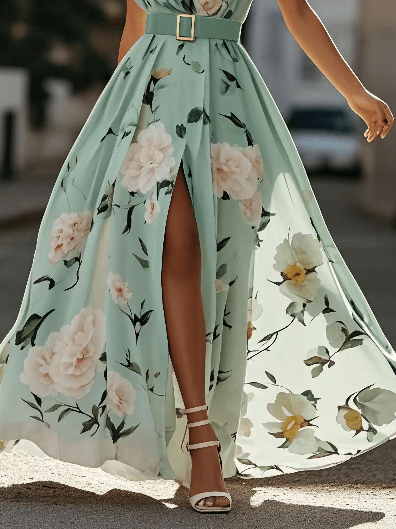 Julie | Robe Maxi Chiffon Fleurie à Une Épaule Vert Clair
