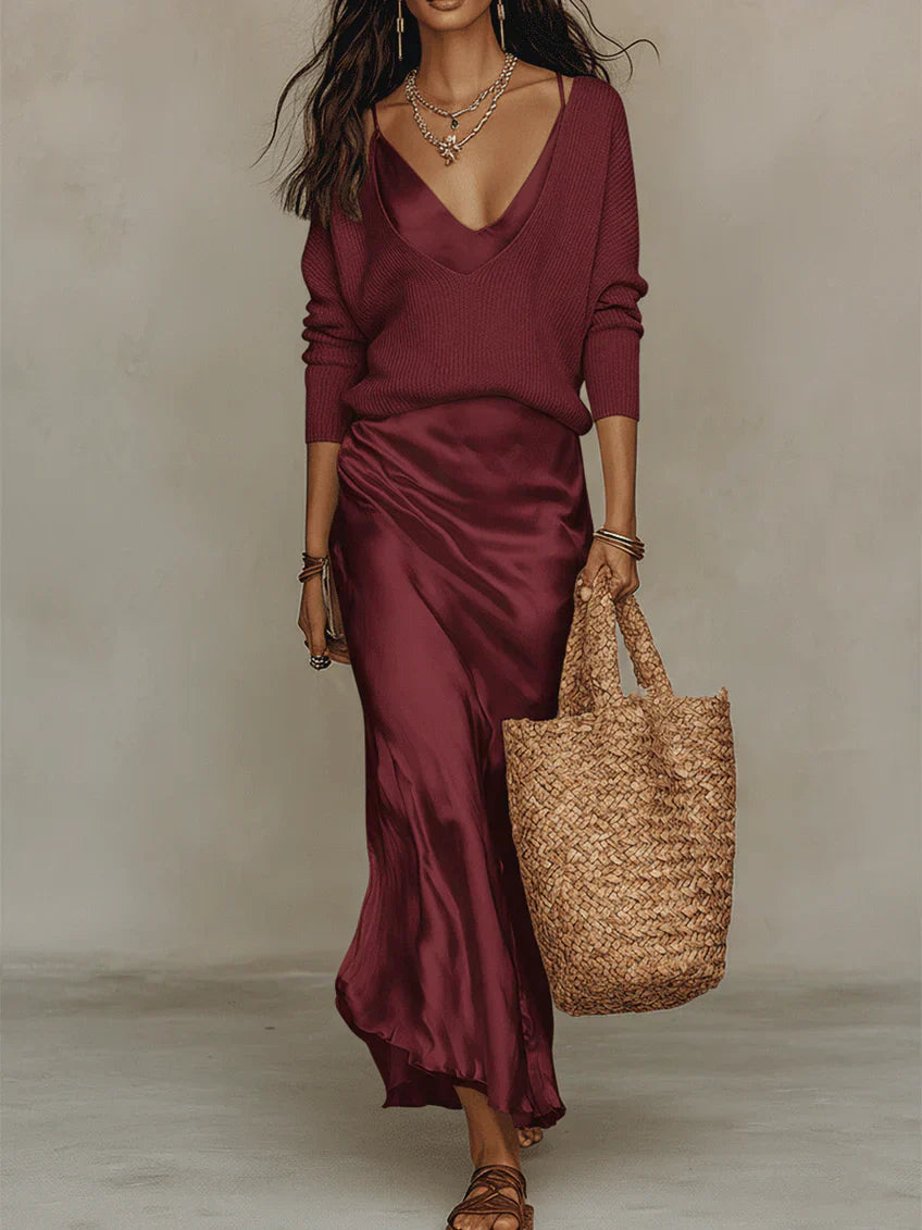 Teagan™ | Robe Maxi Élégante Col V Manches Longues