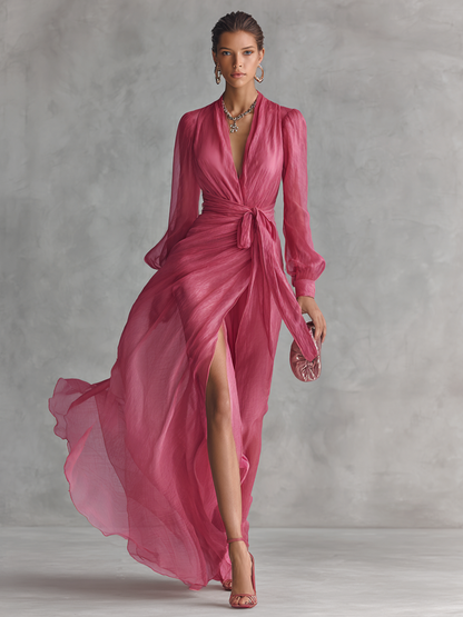 Robe longue en chiffon rose élégant avec perles et décolleté en V pour femmes