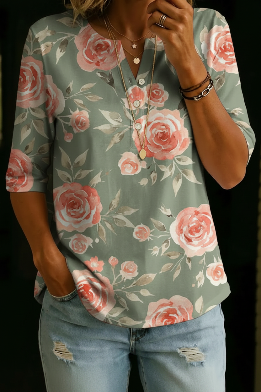 Haut Henley en Coton à Imprimé Floral Vintage pour Femmes