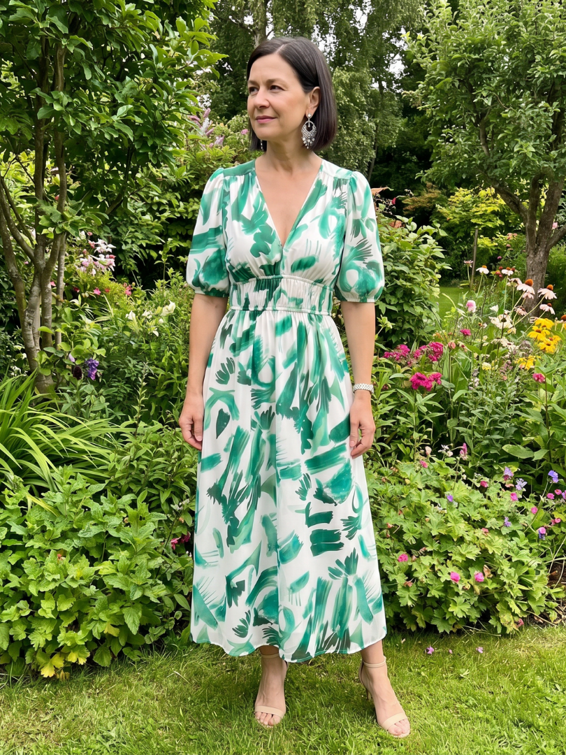 Candlia | Robe Midi à Manches Bouffantes et Imprimé Abstrait en V