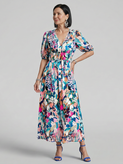 Candlia | Robe Midi à Manches Bouffantes et Imprimé Abstrait en V