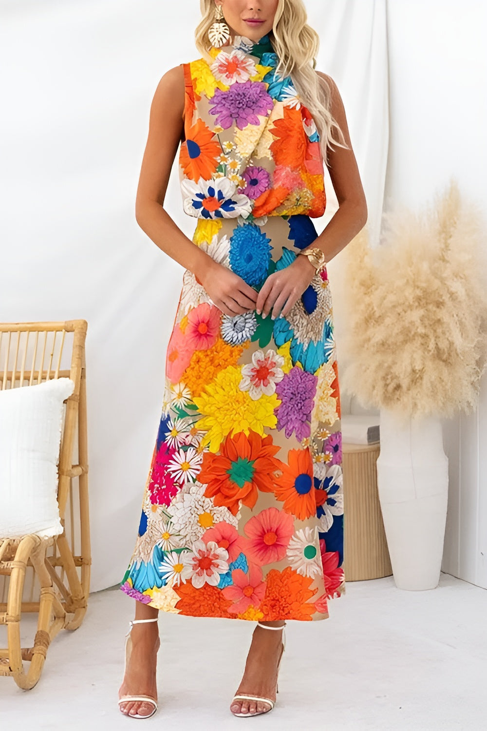 Été | Robe Maxi à Imprimé Floral sans Manches avec Nœud à la Taille