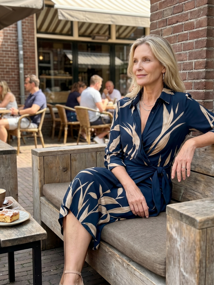 Leya | Robe midi à manches longues et col, motif rayé