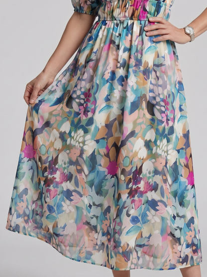 Candlia | Robe Midi à Manches Bouffantes et Imprimé Abstrait en V