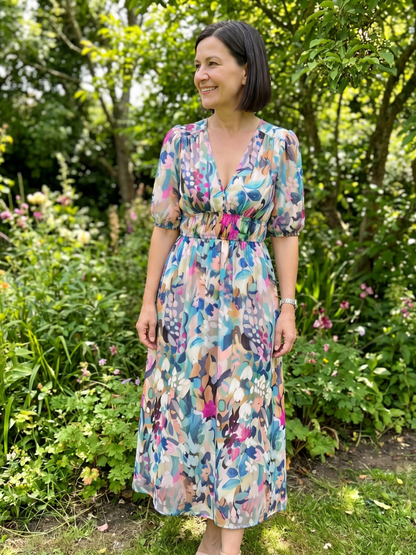 Candlia | Robe Midi à Manches Bouffantes et Imprimé Abstrait en V
