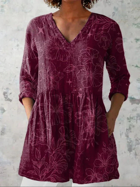 Chemise en Lin à Imprimé Floral Morning Glory pour Femmes, Décolleté en V Décontracté