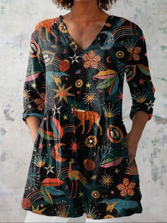 Chemise en Lin Casual à Imprimé Motif Bois de Minuit pour Femmes