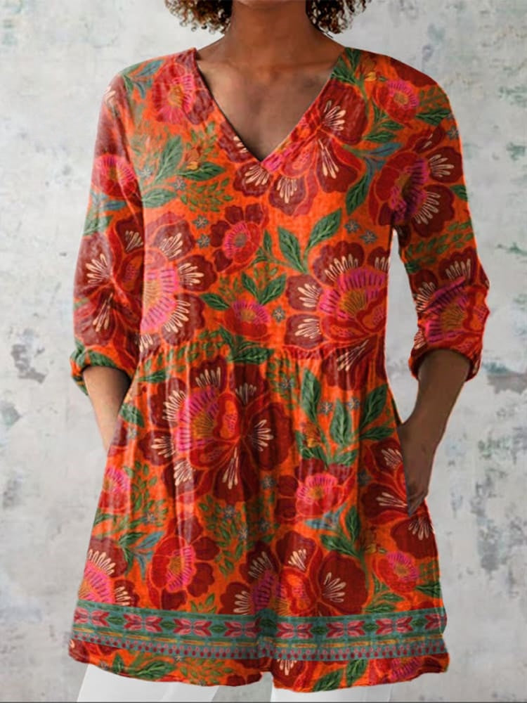 Chemise en Lin à Imprimé Floral Ethnique d'Été pour Femmes
