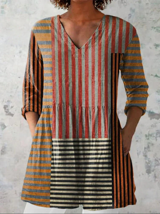 Chemise en Lin à Col V Imprimée Motif Patchwork pour Femmes