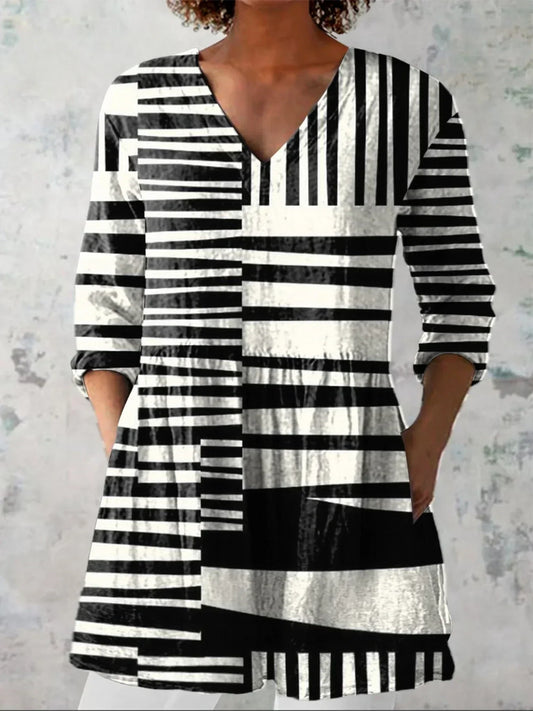 Chemise décontractée en lin pour femmes avec motif abstrait imprimé et décolleté en V