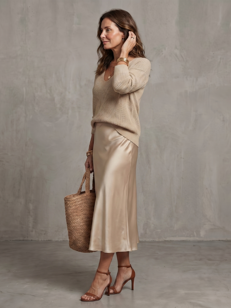 Luciana | Jupe en Satin Biais avec Ensemble en Maille
