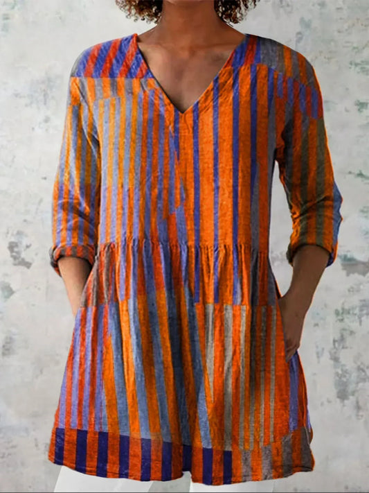 Chemise décontractée en lin à imprimé artistique rayé colorblock vintage pour femmes