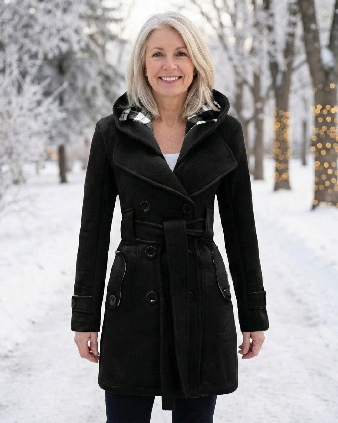 Olga | Wełniany płaszcz z kratkowanym kołnierzem