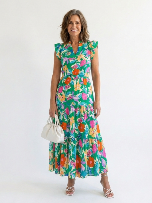 Lila | Robe midi à volants et décolleté en V fleuri