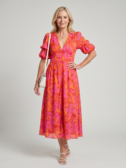 Zarelle | Robe Midi à Manches Bouffantes et Imprimé Floral Audacieux
