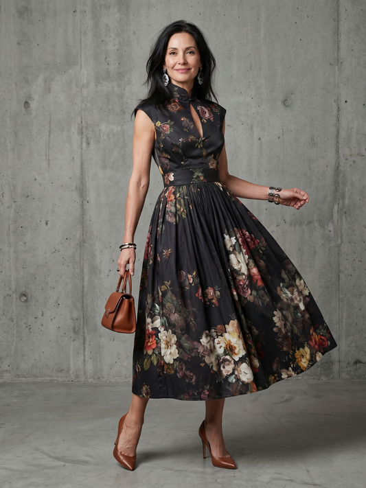 Greta | Robe Midi Plissée à Encolure Haute et Découpe Florale