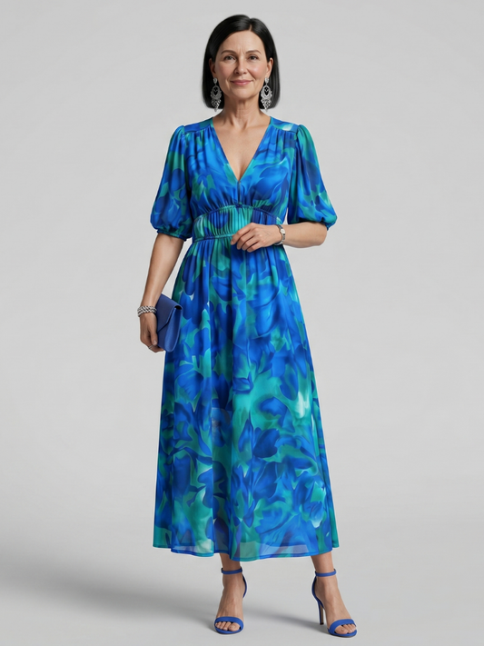 Candlia | Robe Midi à Manches Bouffantes et Imprimé Abstrait en V
