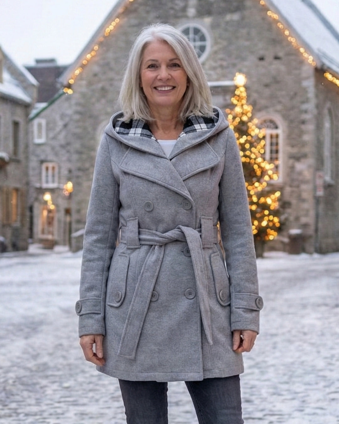 Olga | Wełniany płaszcz z kratkowanym kołnierzem