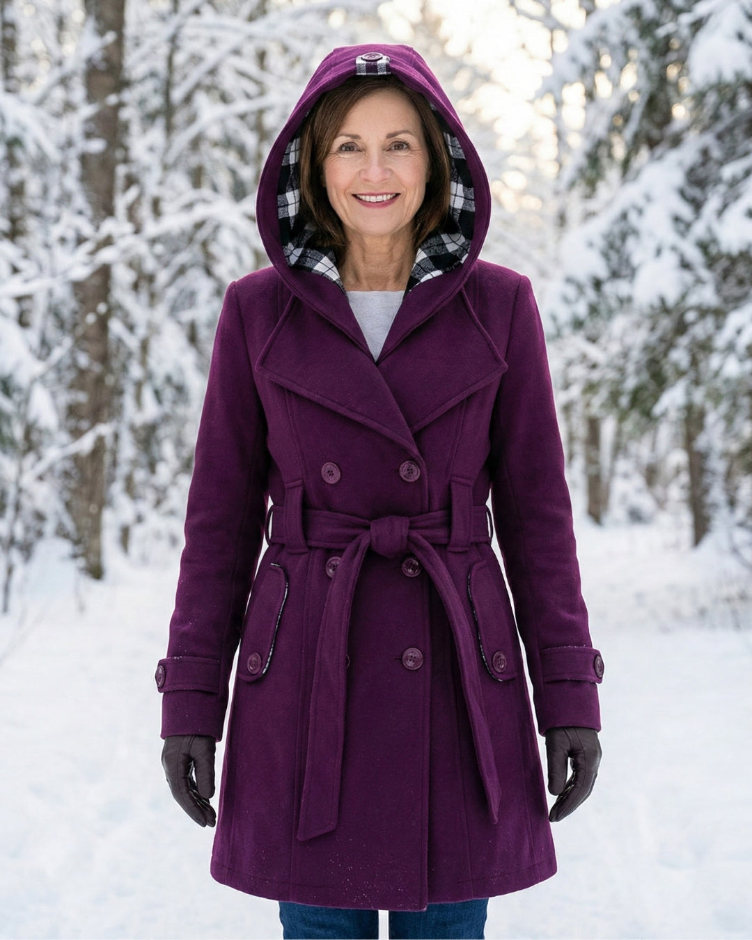 Olga | Wełniany płaszcz z kratkowanym kołnierzem