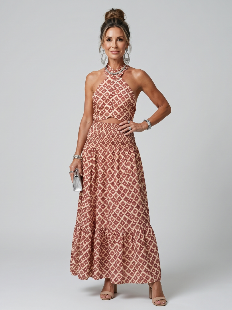 Amira | Robe Midi Découpée Imprimé Géométrique à Encolure Croisée