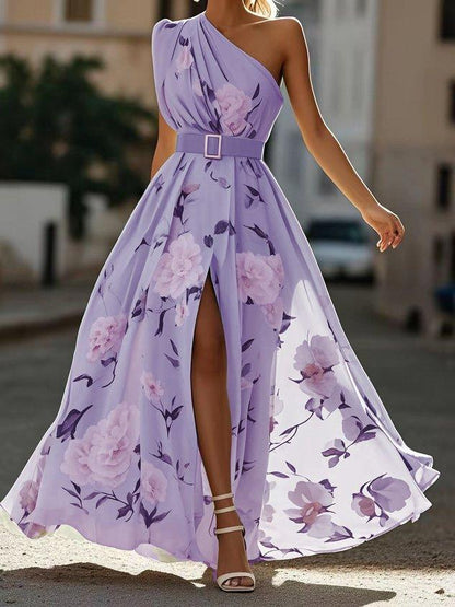 Julie | Robe Maxi Chiffon Fleurie à Une Épaule Vert Clair