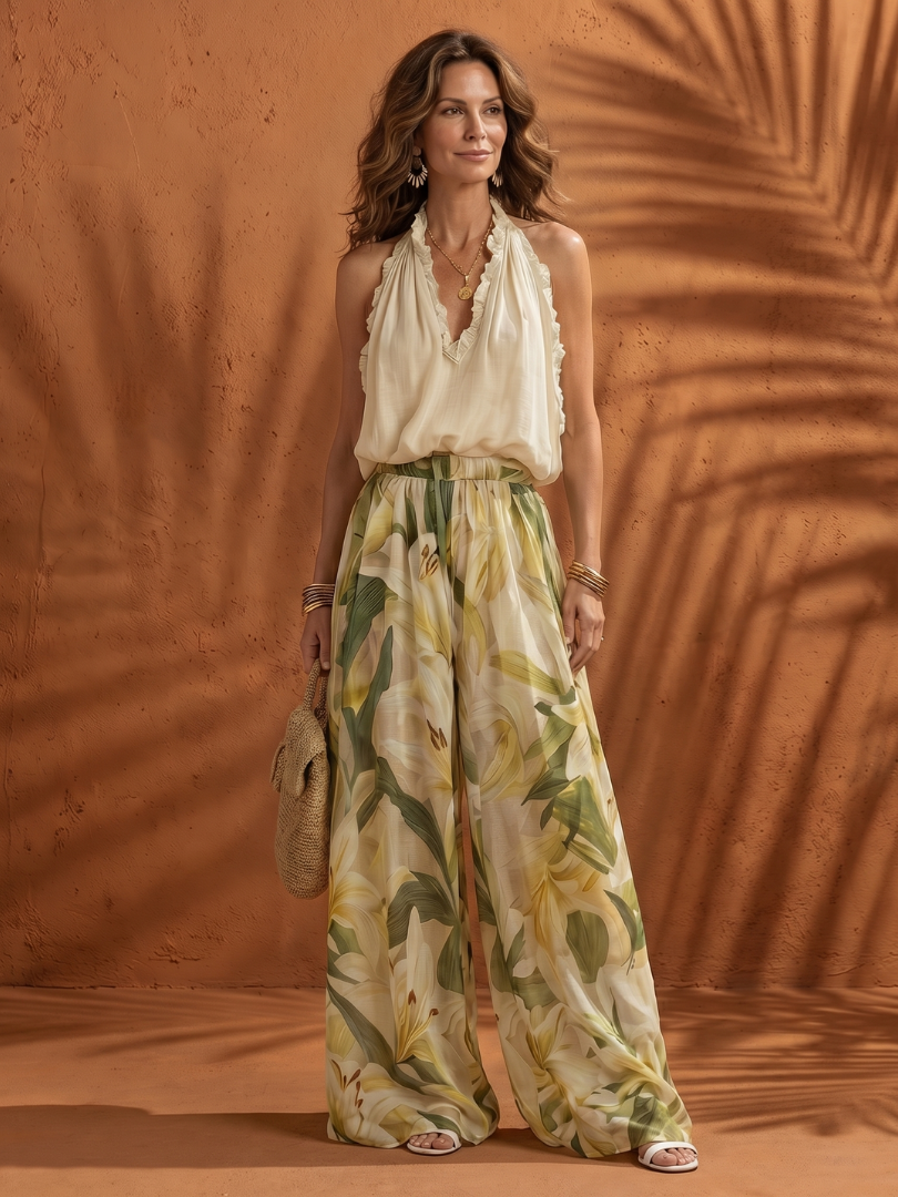 Solange | Blouse à Col Halter Floral avec Pantalon Large