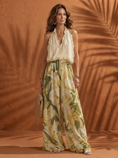 Solange | Blouse à Col Halter Floral avec Pantalon Large