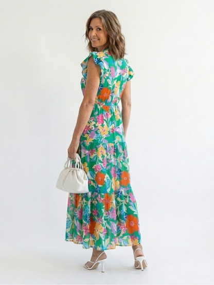 Lila | Robe midi à volants et décolleté en V fleuri