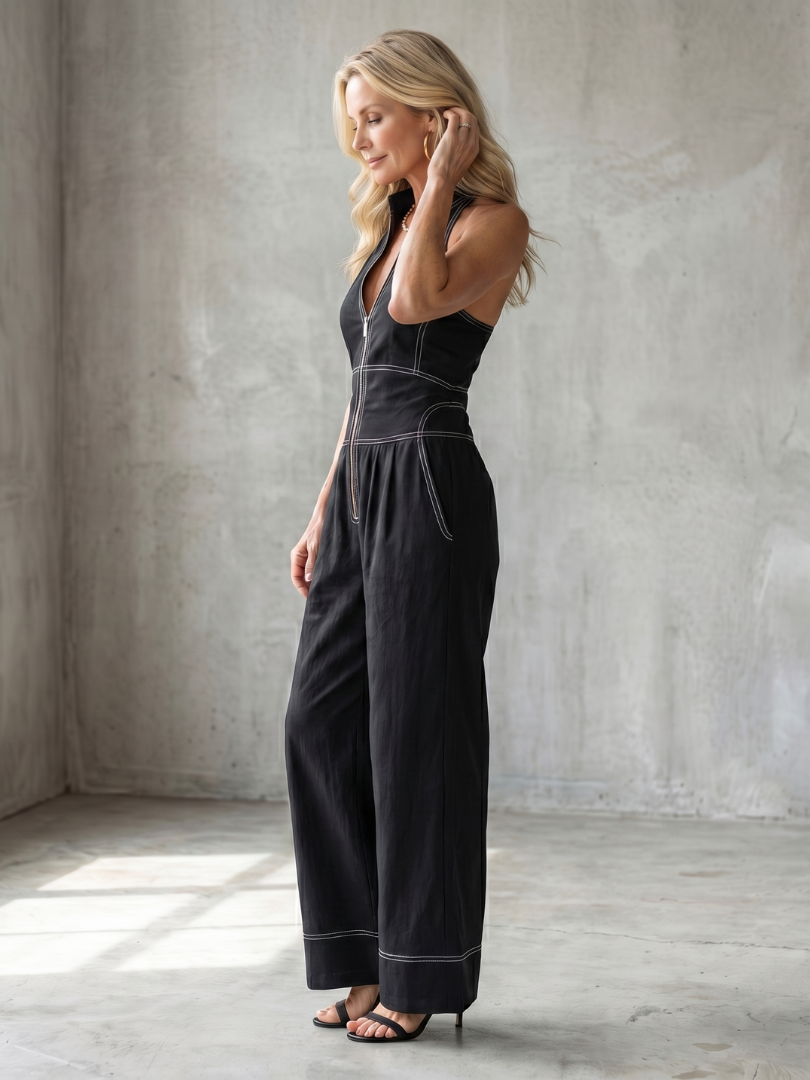 Dara | Combinaison à Zip Frontal avec Couture Contrastante et Jambes Larges