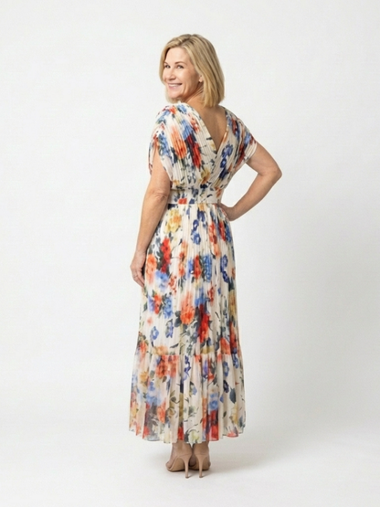 Savannah | Robe Midi Fleurie Plissée à Manches Courtes